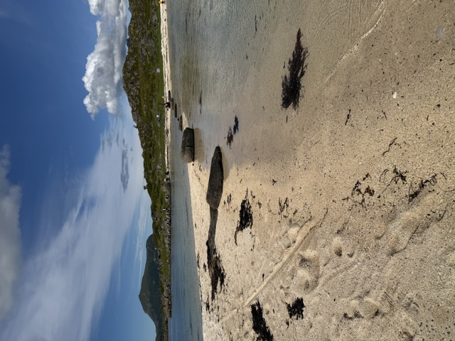 White sand beach and shallow, clear water on Holsøya, with coastal heathland and mountains behind